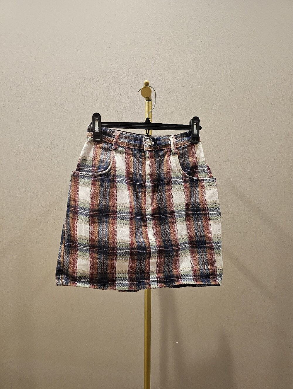 Vintage High Rise Plaid Cotton Mini Skort in Red & Blue